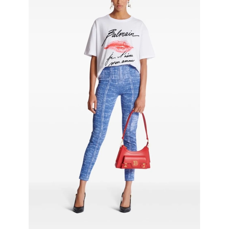 Balmain T-Shirt Red Kiss Print Cotton T-Shirt White