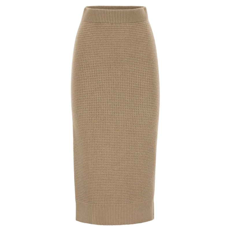 Peserico Midirok Fitted Long Skirt In Textured Knit Wool Brown