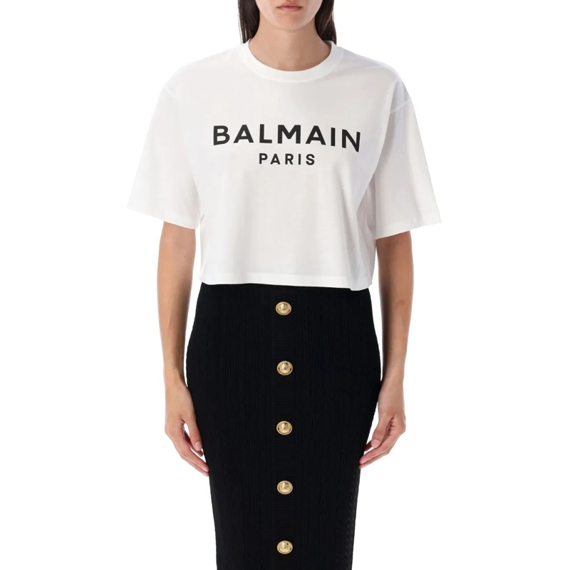 Balmain T-Shirt Printed Logo Cropped T-Shirt White