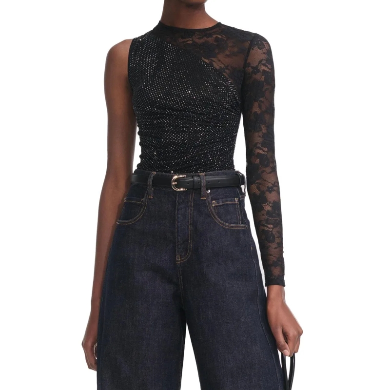 Self Portrait Top met lange mouwen Black Rhinestone Lace Sleeve Top Black