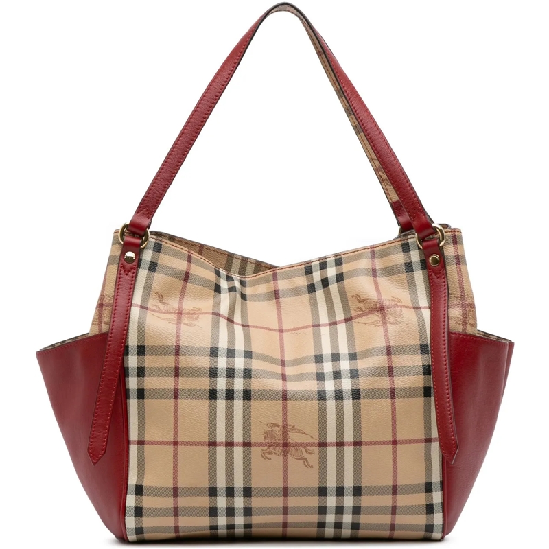 Burberry Shopper Small Leather Trimmed Haymarket Check Coated Canva braun