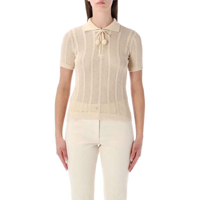 Valentino Garavani T-shirt Open-Knit Polo Shirt With Zip Closure And Decorati Neutrals