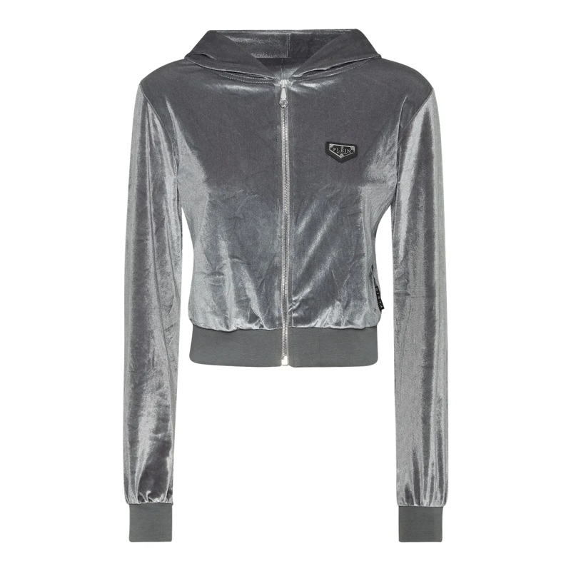 Philipp Plein Daunenjacke Sweatjacke Mit Kapuze Signature Mit Schmucksteinen grau