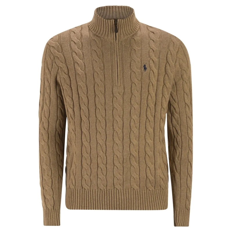 Polo Ralph Lauren Pullover Cotton Cable Knit Jumper With Zip Fastening Brown