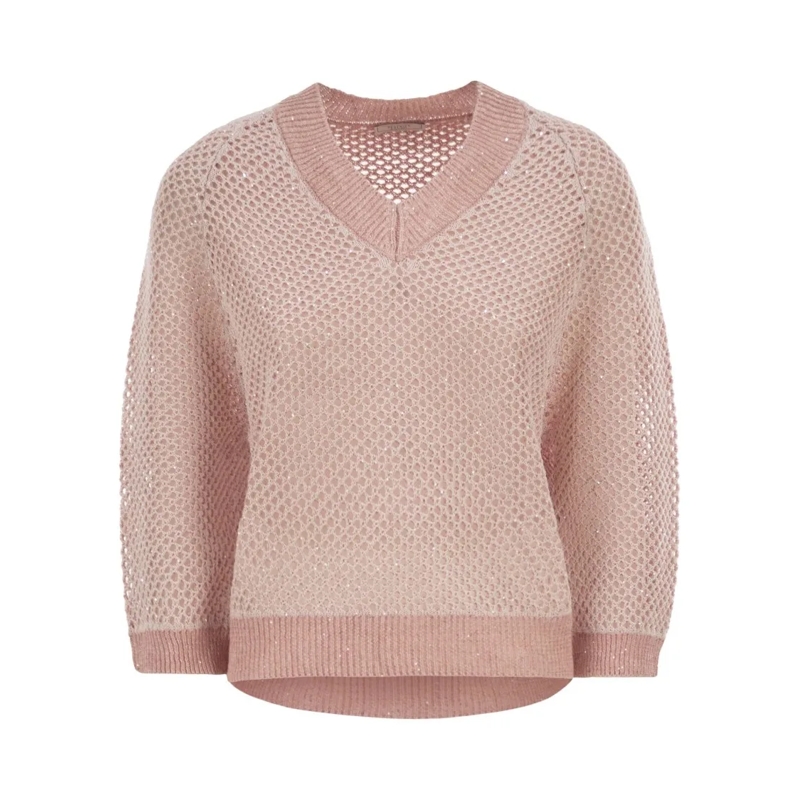 Peserico Trui V-Neck Mesh Top In Linen And Cotton Pink