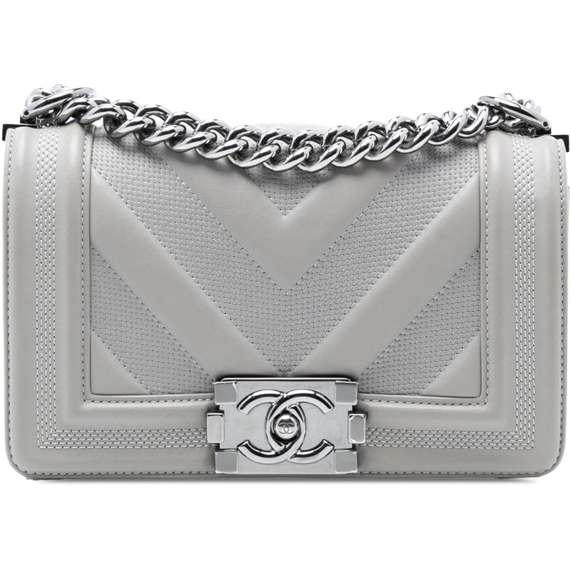Chanel Schultertasche Small Chevron Stitched Calfskin Boy Flap grau