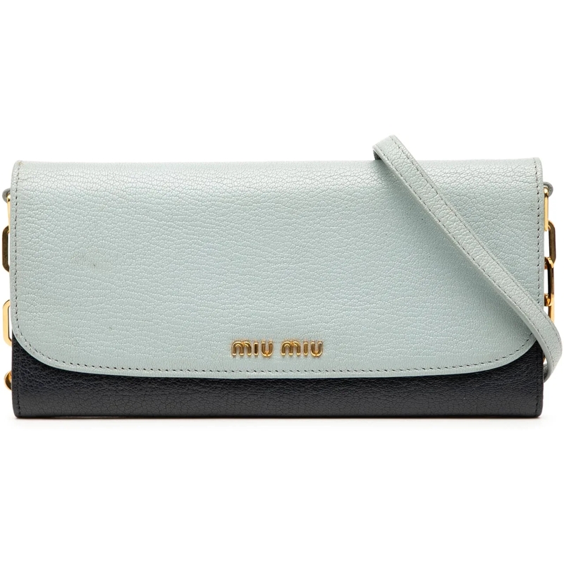 Miu Miu Schultertasche Bicolor Goatskin Madras Wallet on Chain blau