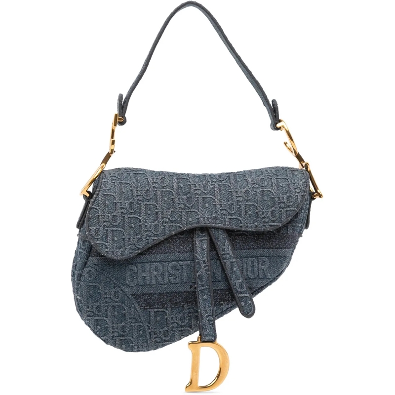 Christian Dior Schultertasche Oblique Embroidered Denim Saddle Bag blau