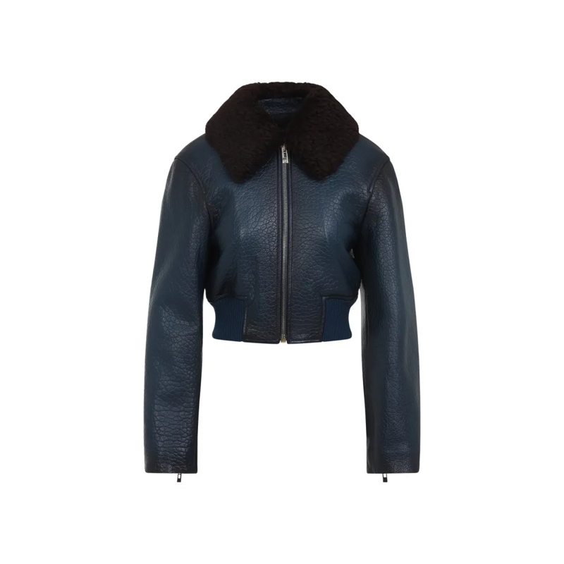 Alaia Leren jas Cropped Textured Lamb Leather Jacket With Shearlin Blue