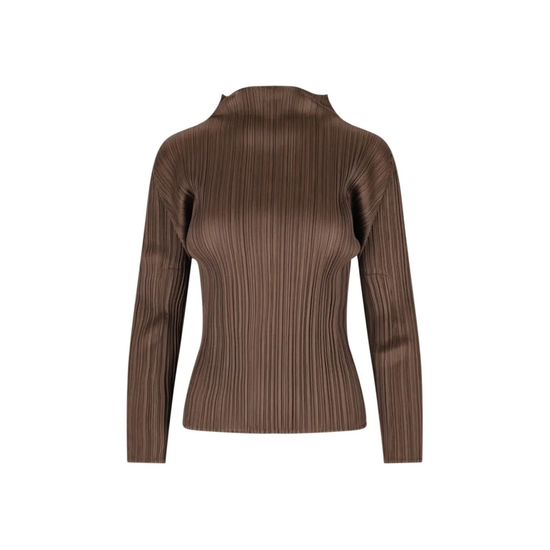 ISSEY MIYAKE PLEATS PLEASE Langärmeliges Oberteil Top In Brown Fabric, High Neck, Long Sleeves Brown