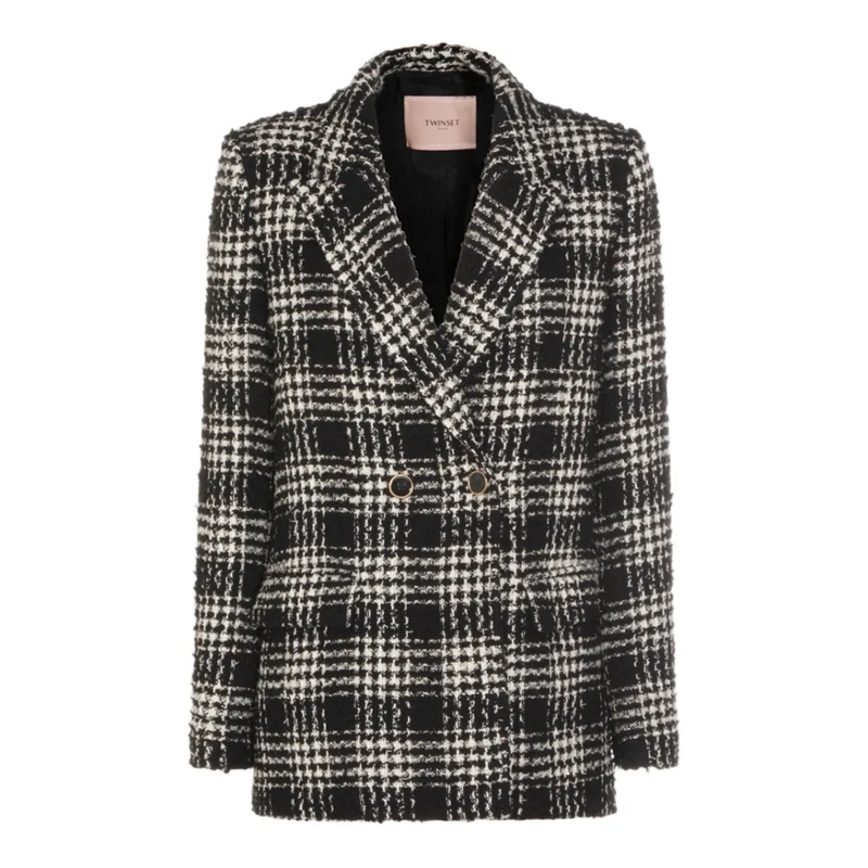 Twin-Set Blazer Double-Breasted Checkered Jacket With Textured Fin Grey