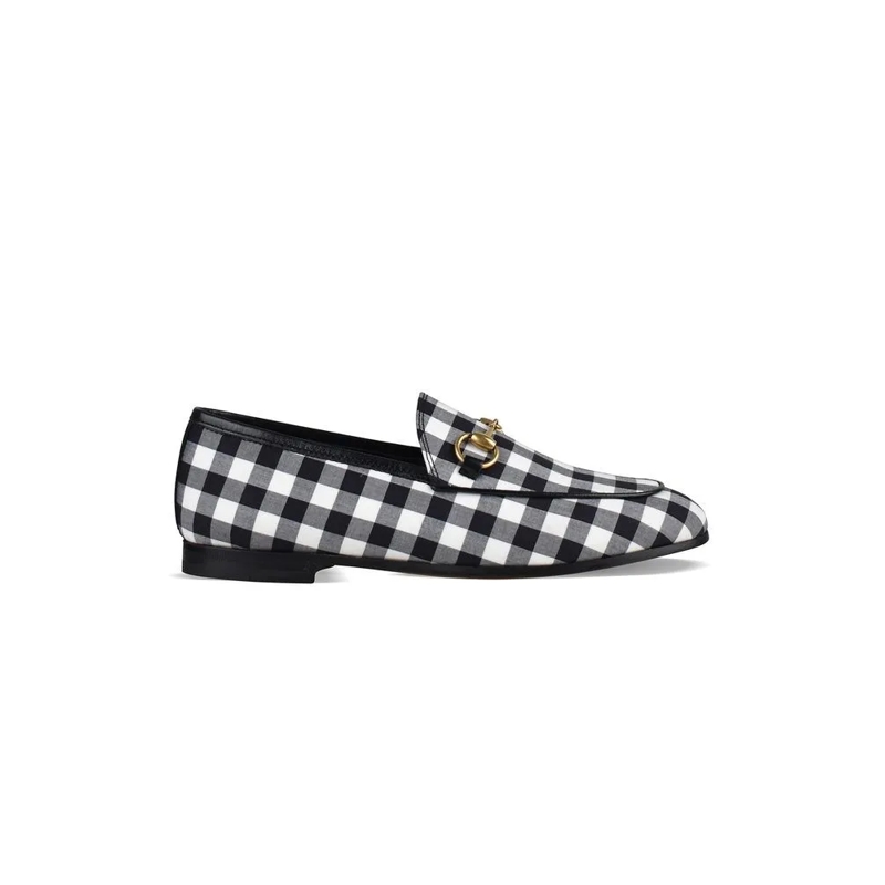 Gucci Ballerinas Gingham Pattern Fabric Loafers With Gold-Tone Acce White