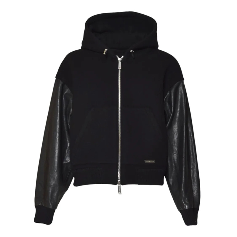 Dsquared2  Hooded Black Jacket With Leather Sleeves Black