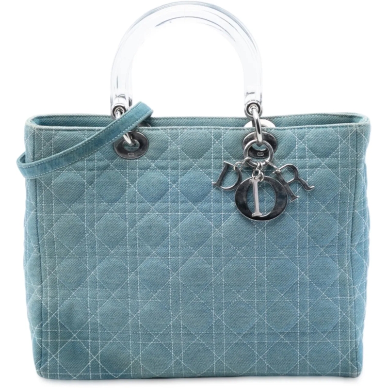 Christian Dior Schultertasche Large Denim Cannage Acrylic Handles Lady Dior blau