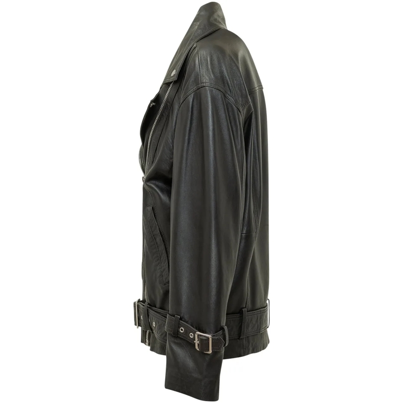 Pinko Veste en cuir Giacca biker in pelle con cintura schwarz(Image 3)