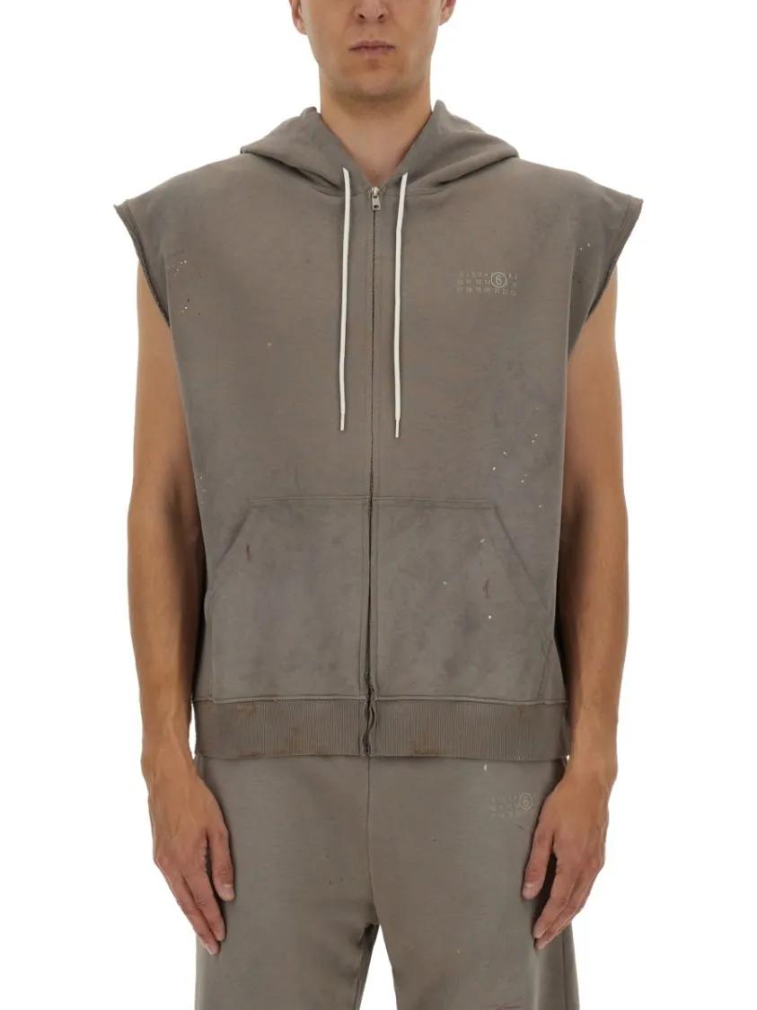 Thumbnail - MM6 Maison Margiela - Zip-Up Sleeveless Sweatshirt With Distressed Detai - Größe L - grau