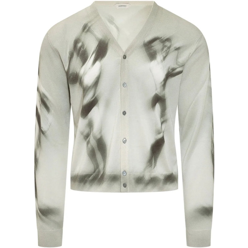 Versace Pull Cardigan con Bottoni e Stampa grau