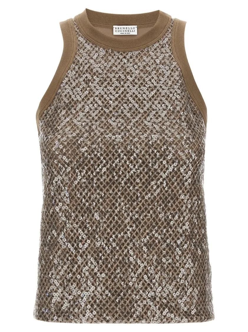 Thumbnail - Brunello Cucinelli - Top Dazzling Net Embroidery - Größe L - braun