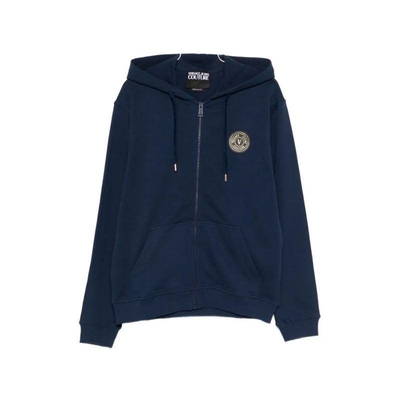 Versace Jeans Couture  Navy Blue Zip-Up Hoodie With Gold Emblem Blue