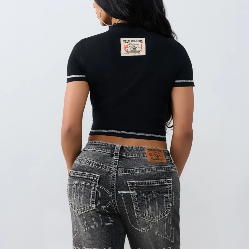 True Religion T-Shirt - Buddha-Print- Ziersteine auf Front- Kurzarm-  schwarz(Image 4)