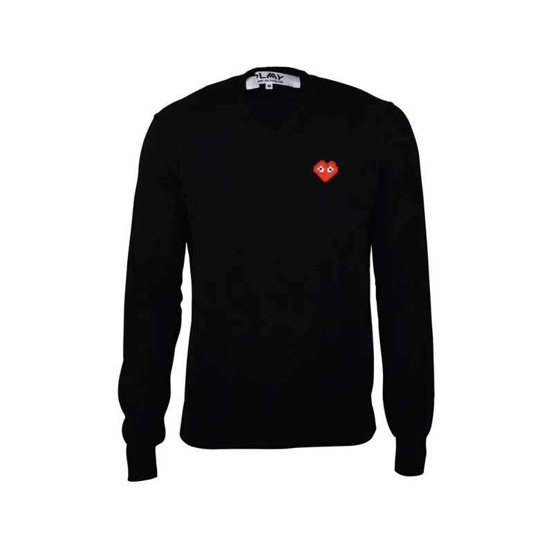 Comme des Garcons Pullover V-Neck Wool Sweater With Iconic Heart Emblem Black
