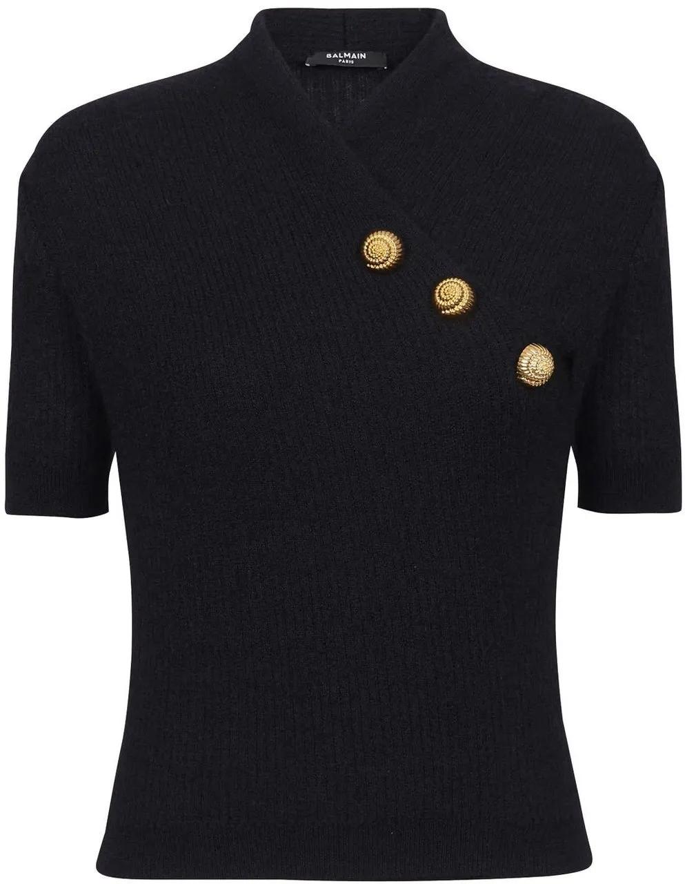 Tシャツ・カットソー Balmain Wool Blend Top With V-Neckline And Gold l Balmain Wool Blend Top With V-Neckline And Gold Metal