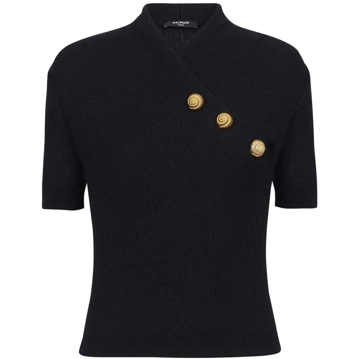 Tシャツ・カットソー Balmain Wool Blend Top With V-Neckline And Gold l Balmain Wool Blend Top With V-Neckline And Gold Metal Acce