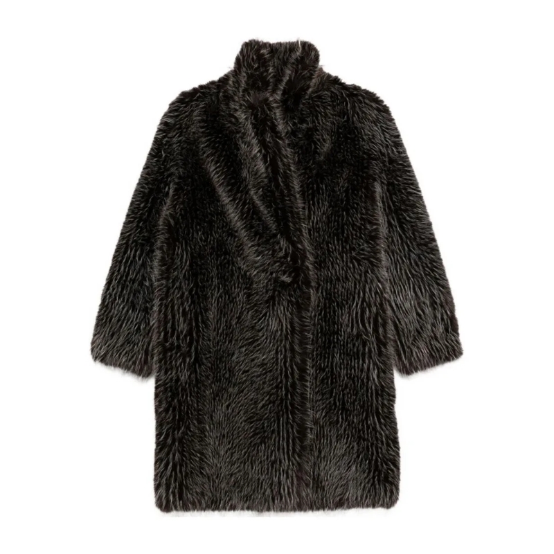 Valentini 1972  Brown Faux Fur Overcoat With Relaxed Silhouette Black