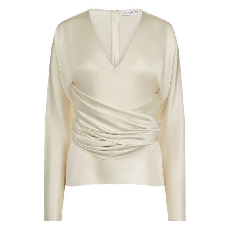 Nina Ricci Blouse White Satin Long-Sleeved Top With Crossover Drapin Neutrals