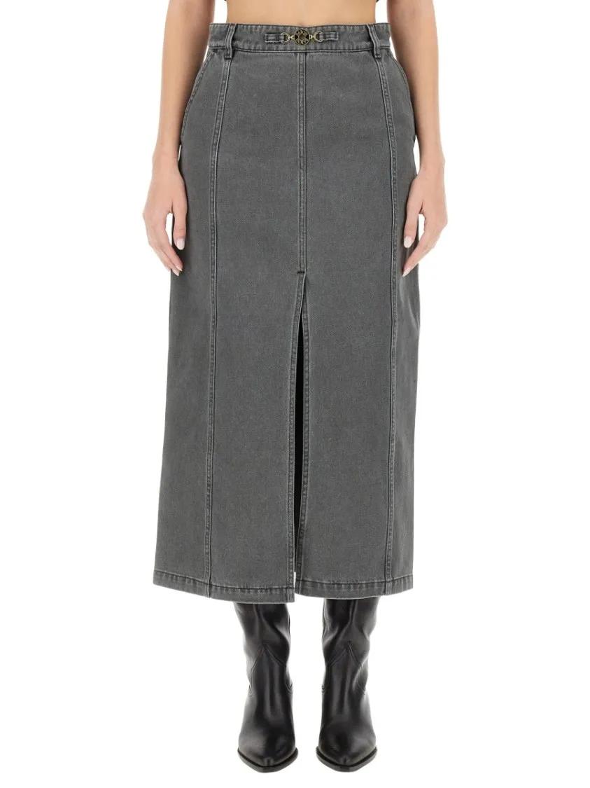 Thumbnail - Patou - Front Slit Grey Midi Skirt With Visible Stitching - Größe 40 - grau