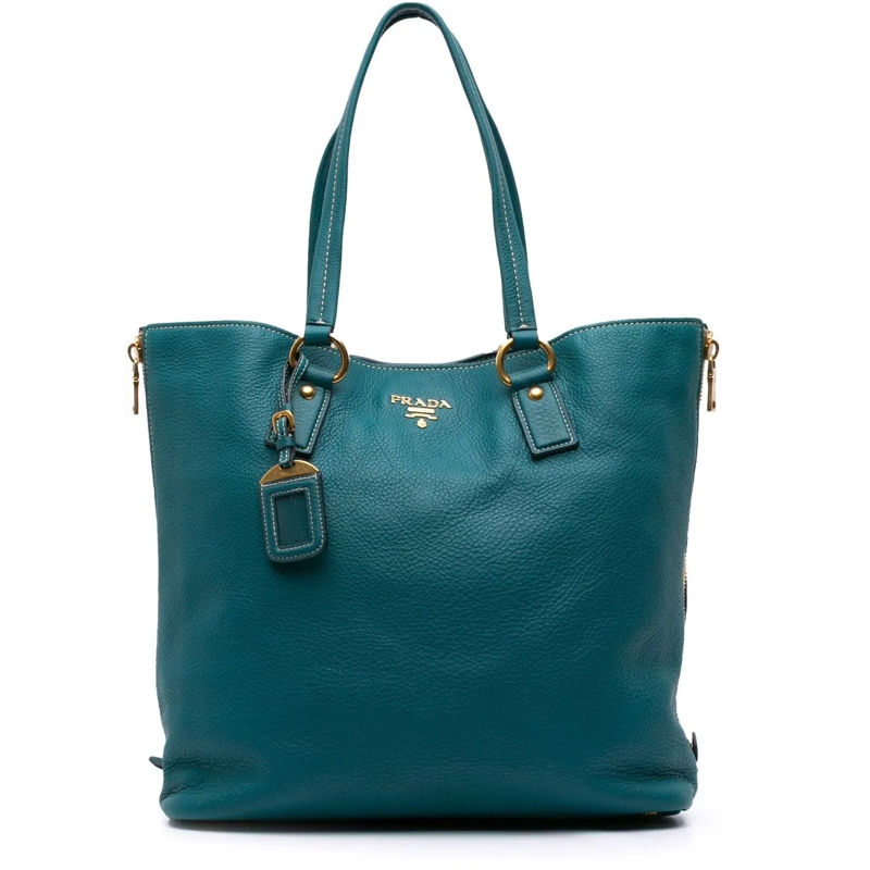 Prada Shopper Vitello Daino Side Zip Tote blau