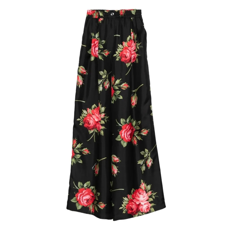 Dolce&Gabbana  Floral Silk Wide-Leg Trousers With Elastic Waistba Black