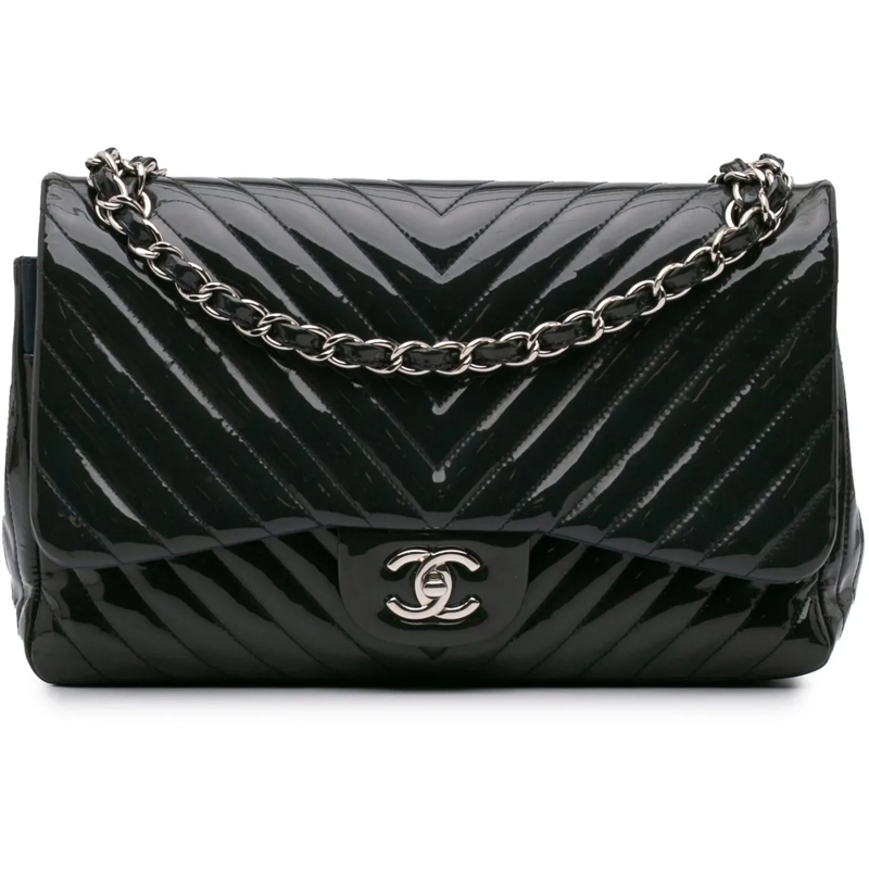 Chanel Sac à bandoulière Jumbo Classic Chevron Patent Double Flap blau