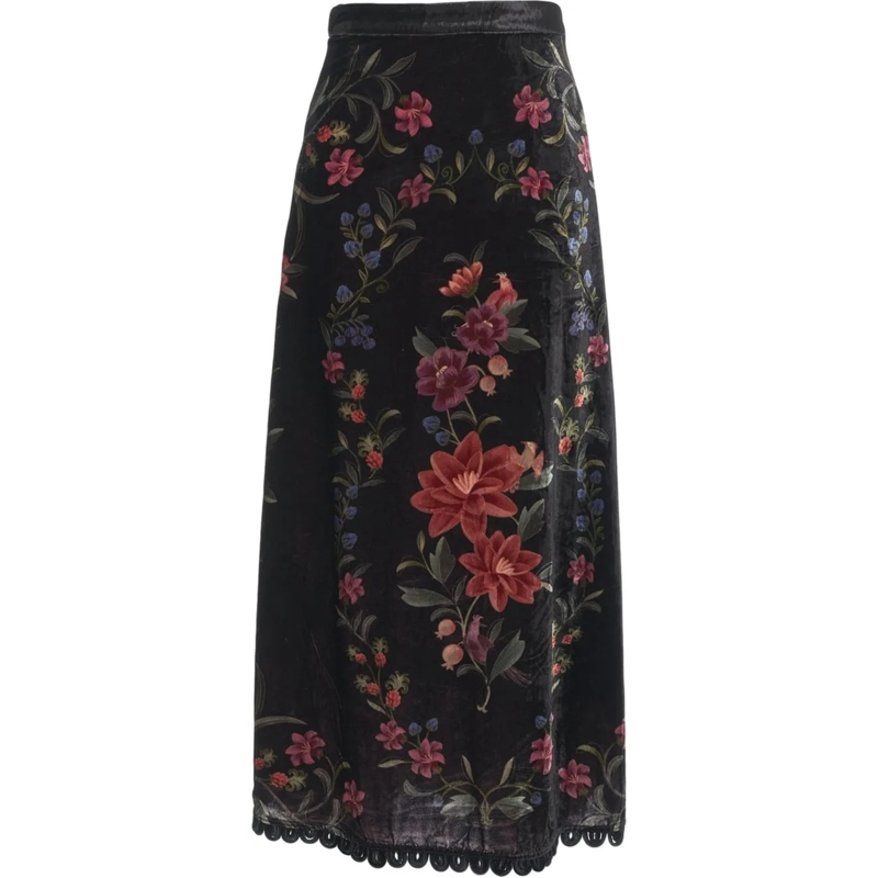 Farm Rio Jupe midi Velvet skirt with floral print schwarz