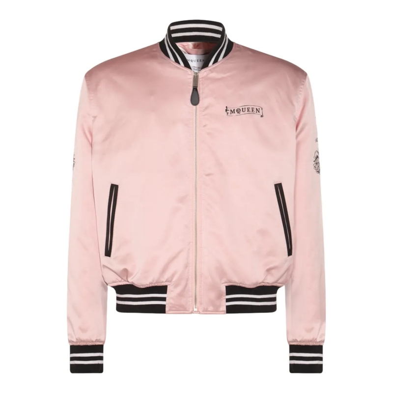 Alexander McQueen Bomberjacke Satin Pink Jacket With Graphic Embroidery Neutrals