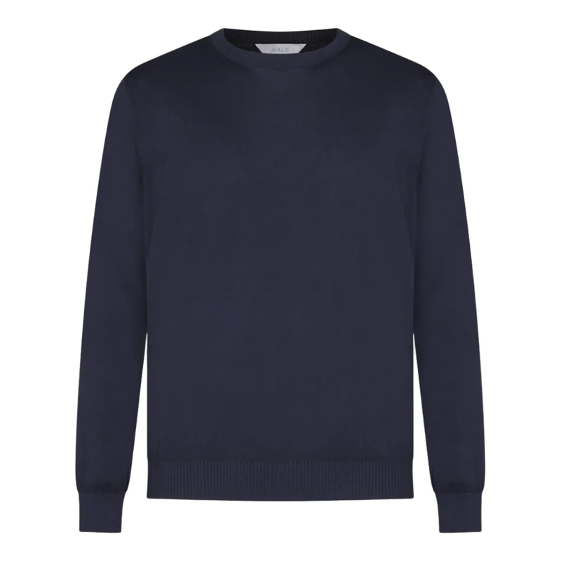 Malo Pull Ribbed-Neckline Blue Knit Sweater Blue