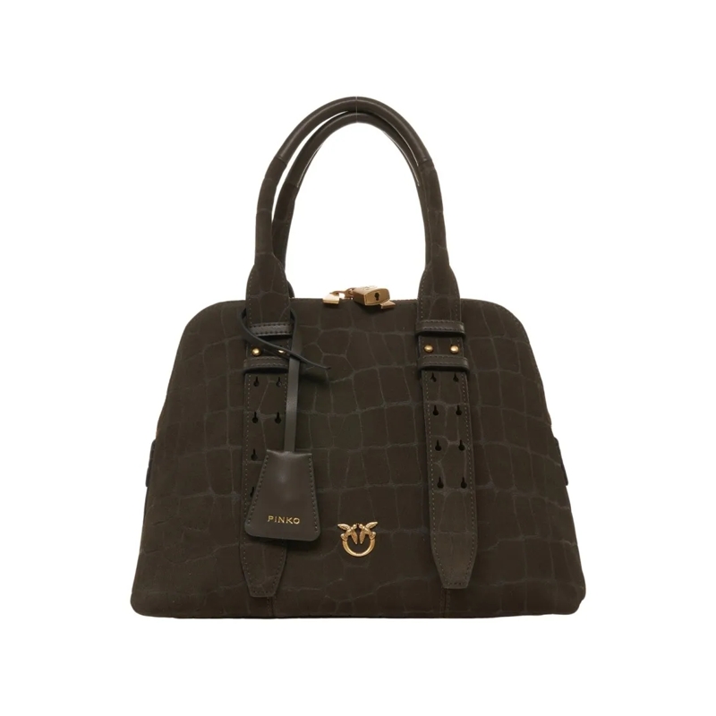 Pinko Tote Trapezoidal Olive Suede Handbag Black