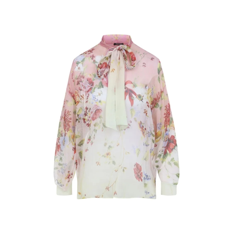 Roberto Cavalli Blouse Gradient Floral Print Silk Blouse With Bow Tie Nec White