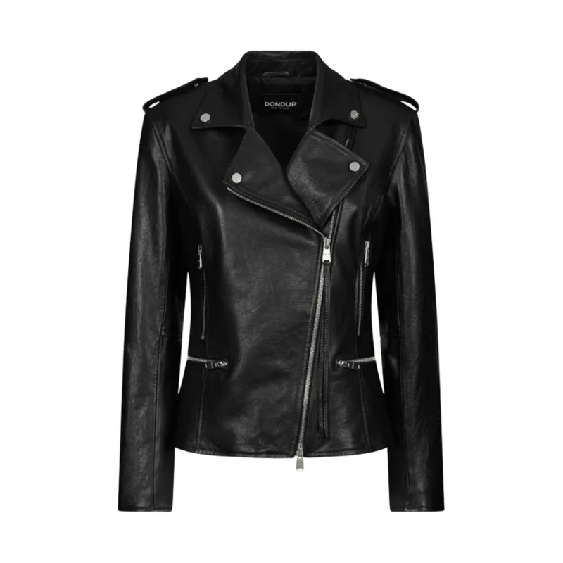 Dondup Leren jas Zip Leather Jacket With Epaulets And Smooth Finish Black