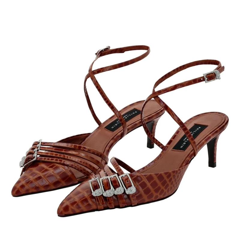 Philipp Plein Pumps Slingback Low Heels Cocco Crocco Geprägt braun
