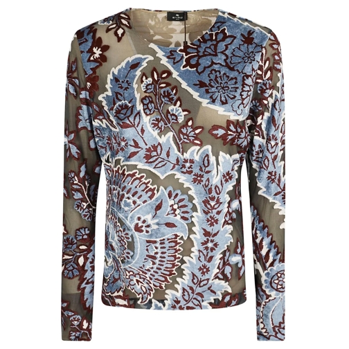 Etro Langärmelige Oberteile Blue Stretch-Cotton Semi-Sheer Paisley Jacquard To Blue