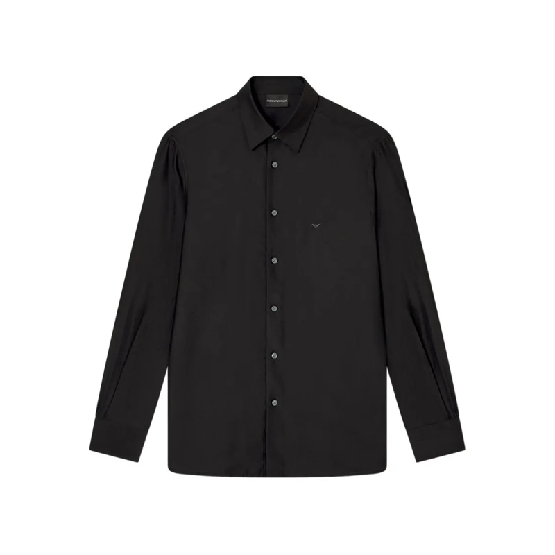 Emporio Armani Overhemd Silk-Blend Black Casual Shirt With Embroidered Log Black