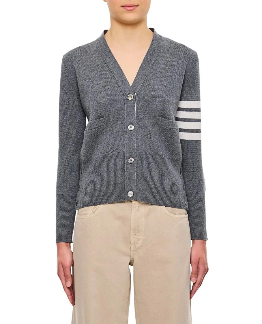 Thumbnail - Thom Browne - Milano Classic V-Neck Grey Cardigan - Größe 42 - grau