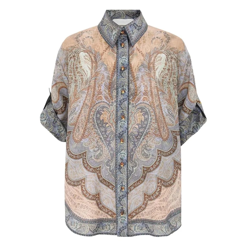 Zimmermann Hemd Short-Sleeved Silk Shirt With Paisley Pattern Multicolor