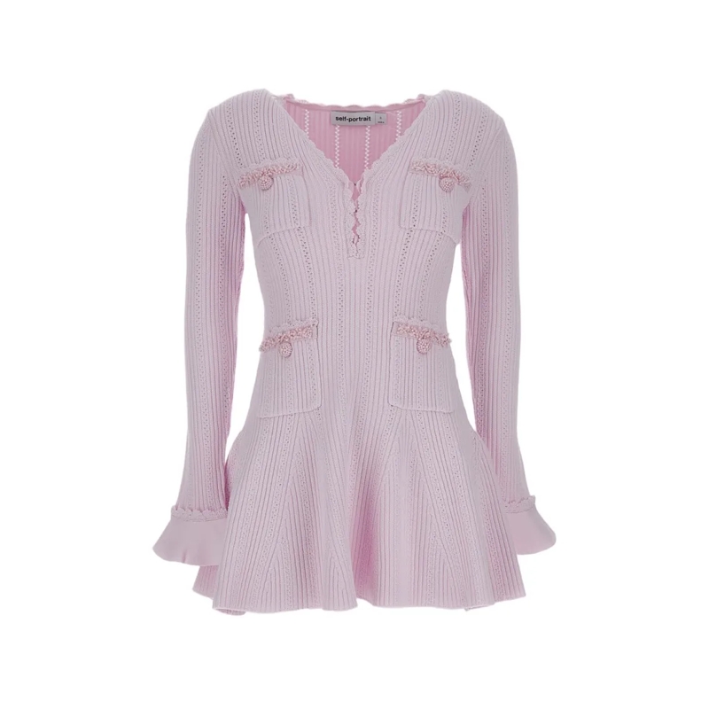 Self Portrait Mini-jurk Flared Knit Mini Dress Pink