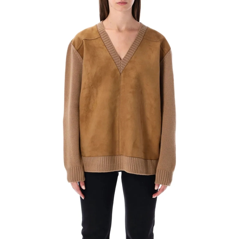 Prada Trui Wool And Cashmere Sweater With Lambskin Front Brown