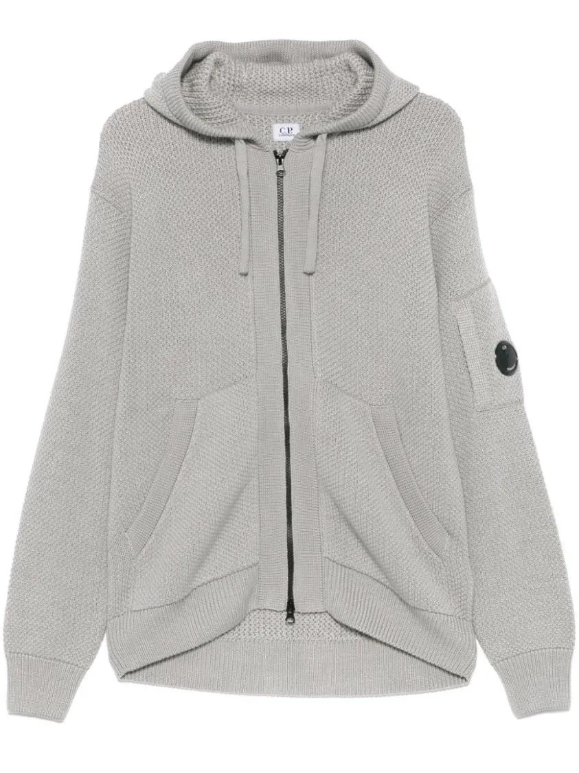 Thumbnail - CP Company - Light Grey Knitted Zip-Up Hoodie With Functional P - Größe L - grau