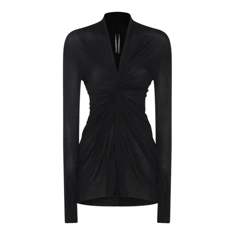 Rick Owens Blouse Deep V-Neck Ruched Black Top Black