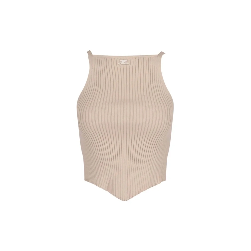 Courrèges Chemisier Knitted Top, In Beige Fabric, Ribbed Knit Neutrals