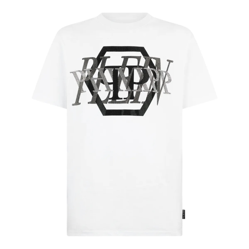 Philipp Plein T-Shirt Round Neck T-Shirt Logo Stones weiss